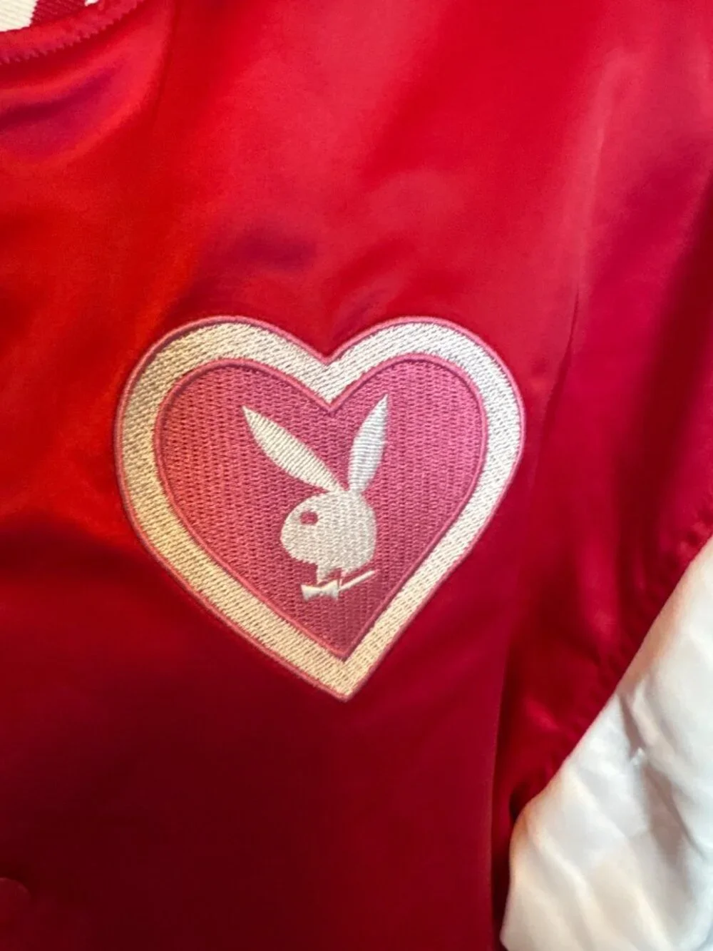 Playboy x PacSun Women's Satin Bomber Jacket XS S Pink Heart LA Varsity Y2K